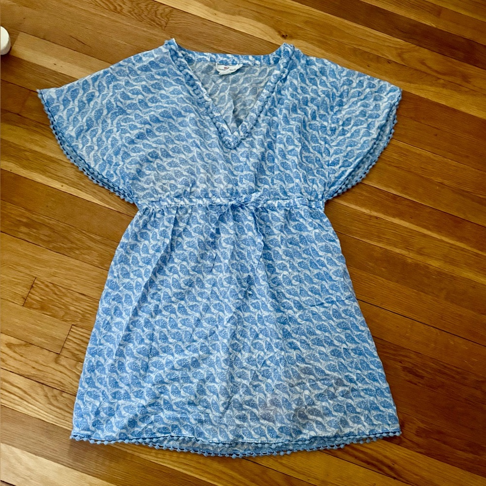 Vineyard Vines Women’s’ L Blue/White 100% Cotton Coverup/Dress with Pom Trim